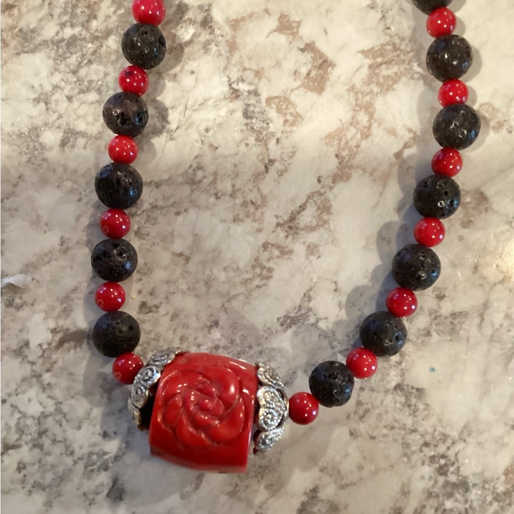 Carved Red Coral and Lava Beaded Necklace